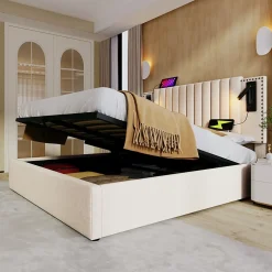 Redom Lit 160x200 cm avec coffre de rangement et tête de lit réglable en tissu beige à rivets, design contemporain Outlet