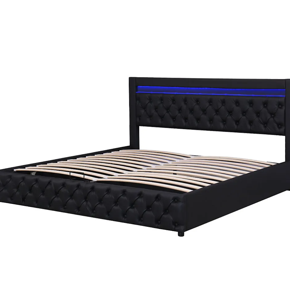 Redom Lit 180x200 cm avec coffre de rangement, tête rembourrée et éclairage LED, tapissé PU noir