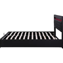 Redom Lit 180x200 cm avec coffre de rangement, tête rembourrée et éclairage LED, tapissé PU noir