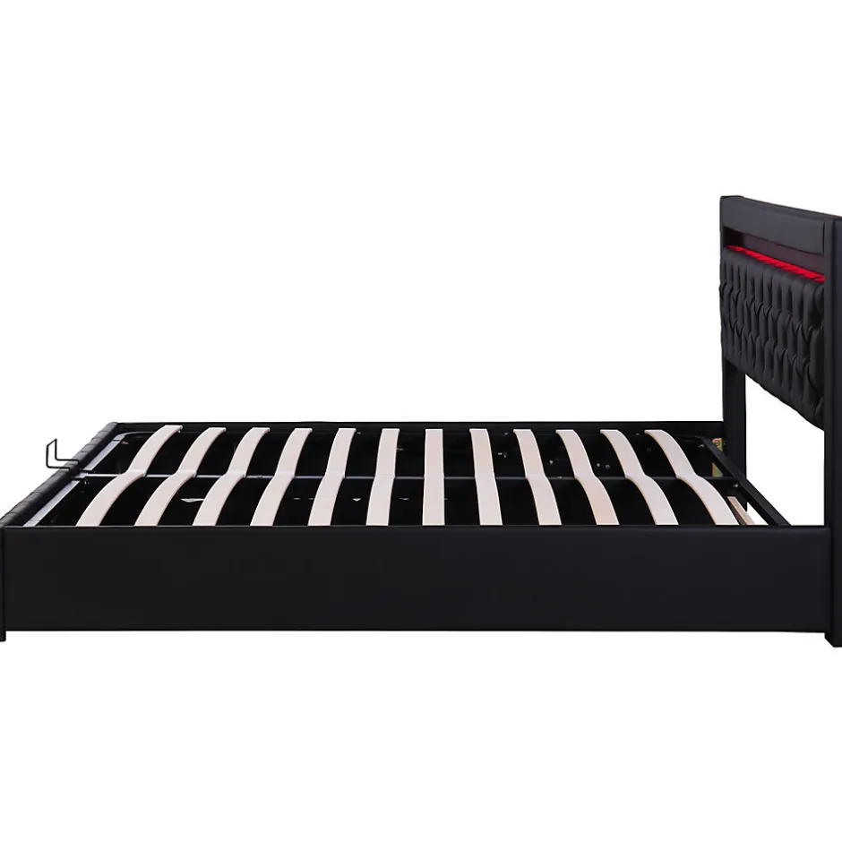 Redom Lit 180x200 cm avec coffre de rangement, tête rembourrée et éclairage LED, tapissé PU noir