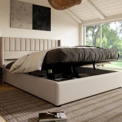 Redom Lit 160x200 cm avec coffre de rangement hydraulique et tête de lit tapissée en lin beige, design moderne