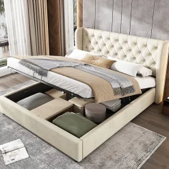 Redom Lit 140x200 cm avec coffre de rangement hydraulique et tête de lit capitonnée en velours beige Hot