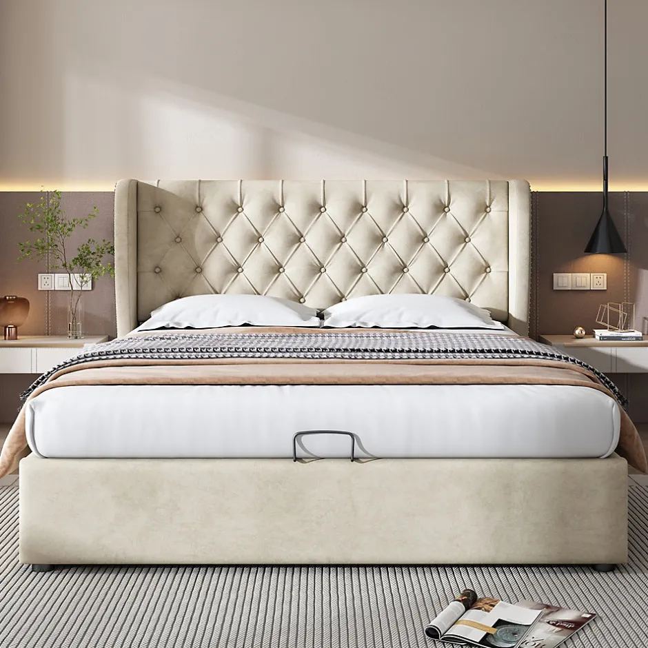 Redom Lit 140x200 cm avec coffre de rangement hydraulique et tête de lit capitonnée en velours beige Hot