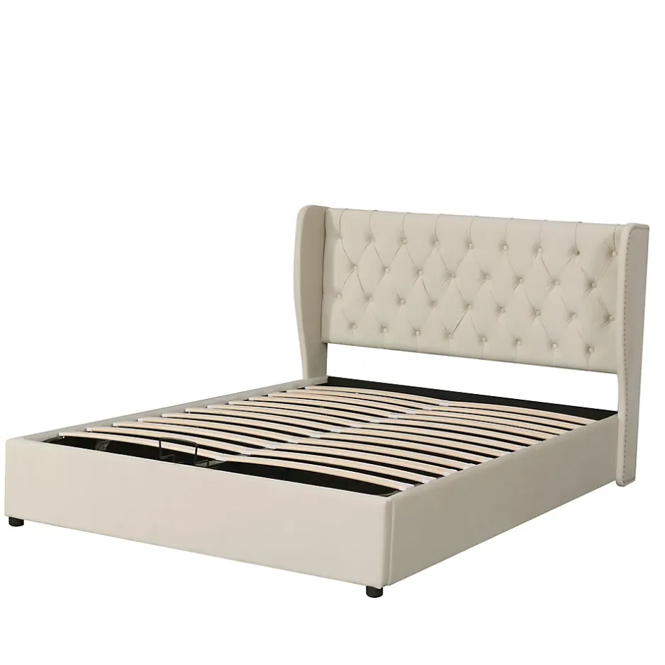 Redom Lit 140x200 cm avec coffre de rangement hydraulique et tête de lit capitonnée en velours beige Hot