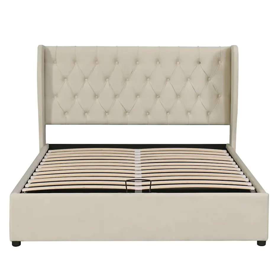 Redom Lit 140x200 cm avec coffre de rangement hydraulique et tête de lit capitonnée en velours beige Hot
