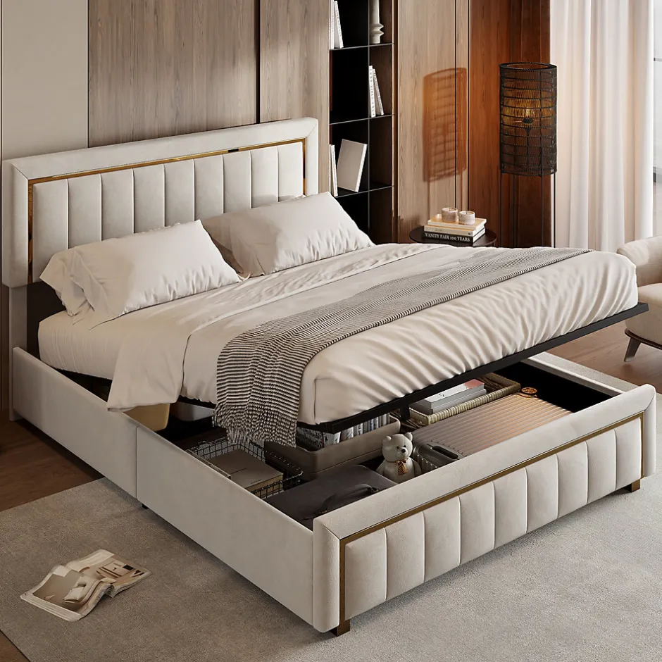 ProximaX Lit 140x200 cm avec coffre de rangement, tête de lit, sommier à lattes, velours beige, pour ados et adultes