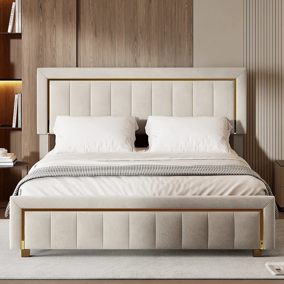 ProximaX Lit 140x200 cm avec coffre de rangement, tête de lit, sommier à lattes, velours beige, pour ados et adultes