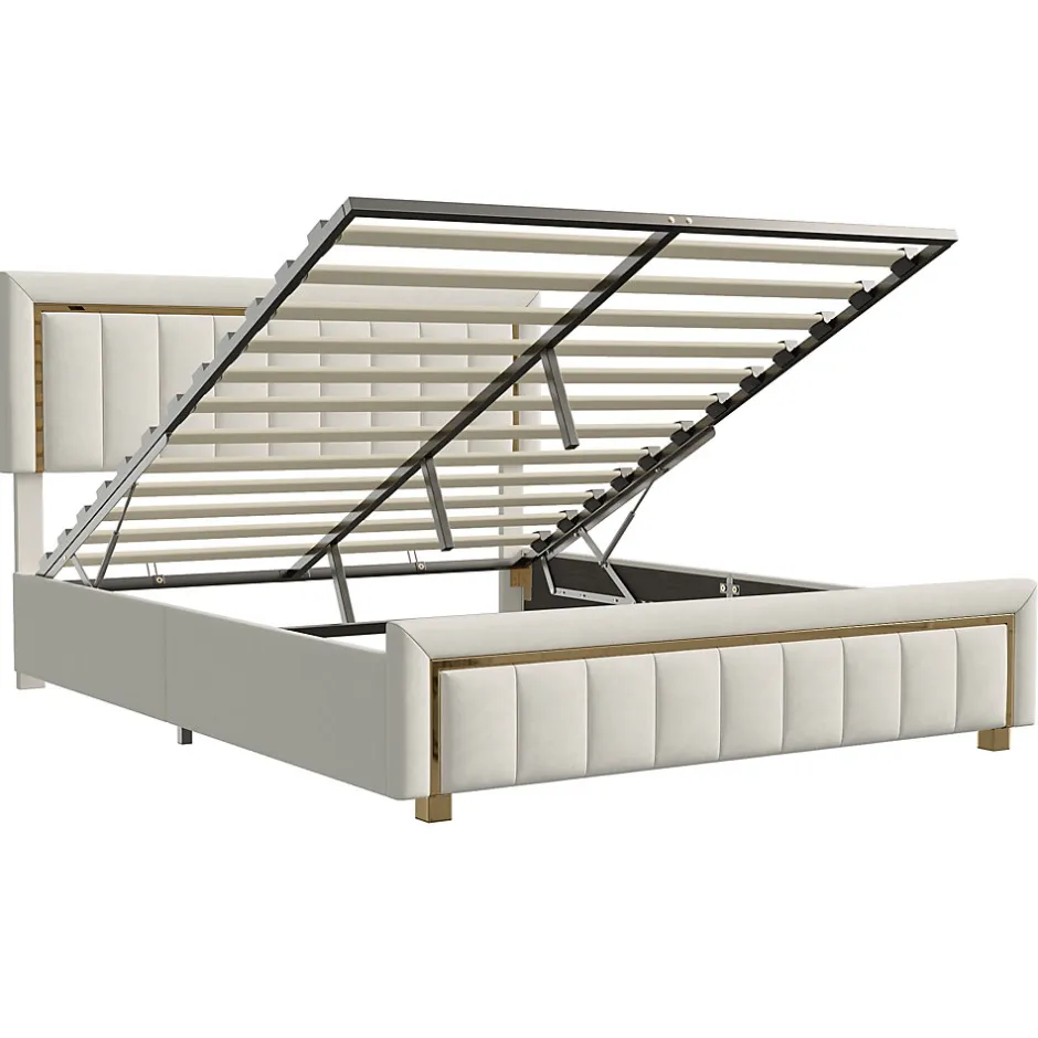 ProximaX Lit 140x200 cm avec coffre de rangement, tête de lit, sommier à lattes, velours beige, pour ados et adultes