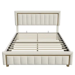 ProximaX Lit 140x200 cm avec coffre de rangement, tête de lit, sommier à lattes, velours beige, pour ados et adultes