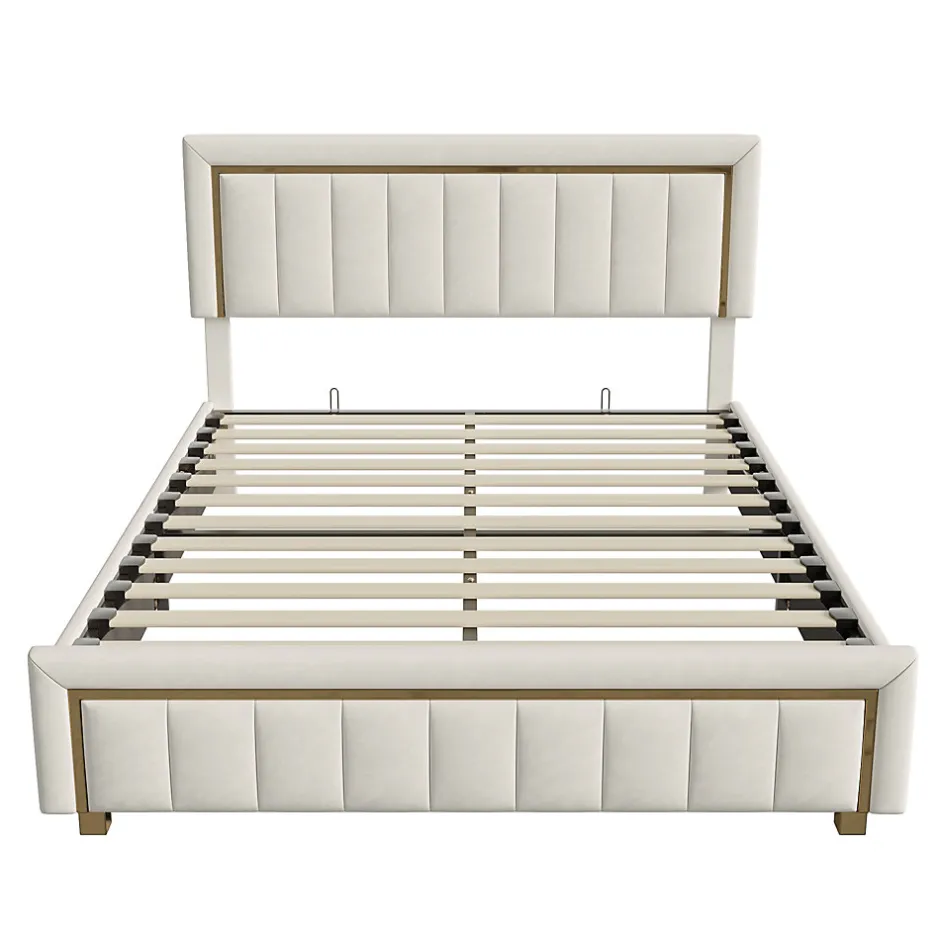 ProximaX Lit 140x200 cm avec coffre de rangement, tête de lit, sommier à lattes, velours beige, pour ados et adultes