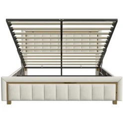 ProximaX Lit 140x200 cm avec coffre de rangement, tête de lit, sommier à lattes, velours beige, pour ados et adultes
