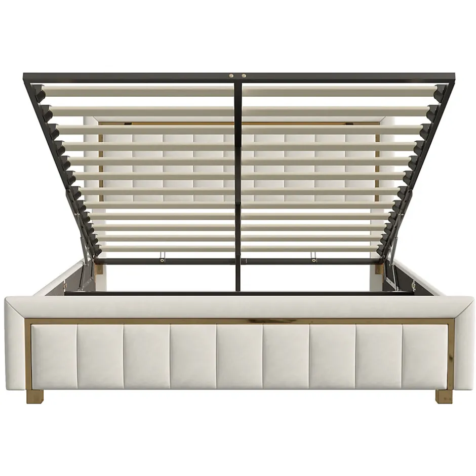 ProximaX Lit 140x200 cm avec coffre de rangement, tête de lit, sommier à lattes, velours beige, pour ados et adultes