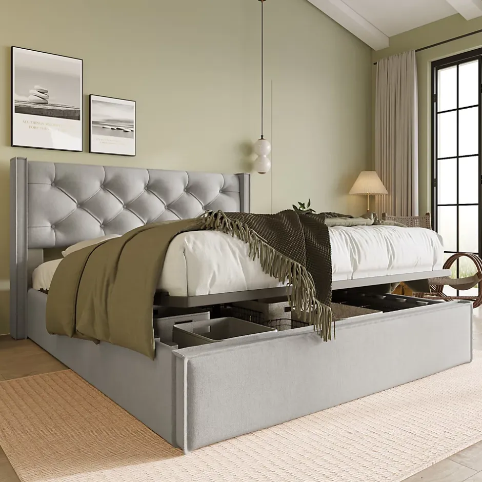 Redom Lit 160x200 cm avec coffre de rangement et tête rembourrée en coton gris clair, cadre bois massif Clearance