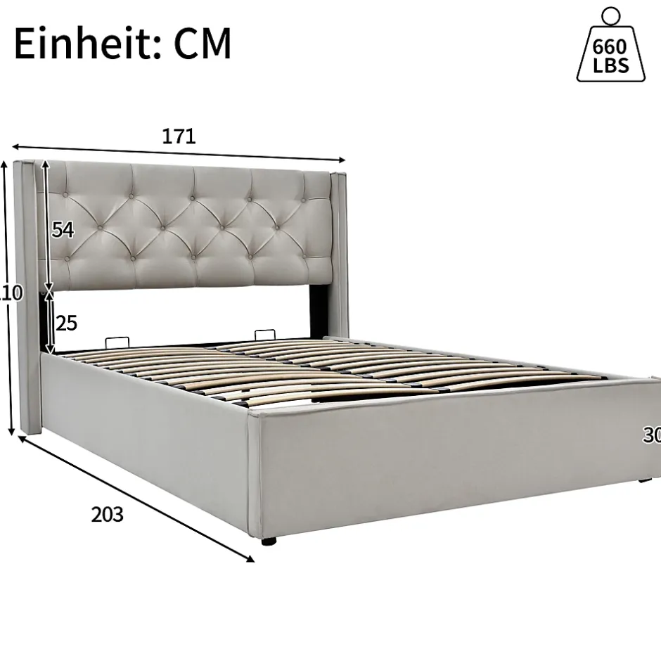 Redom Lit 160x200 cm avec coffre de rangement et tête rembourrée en coton gris clair, cadre bois massif Clearance