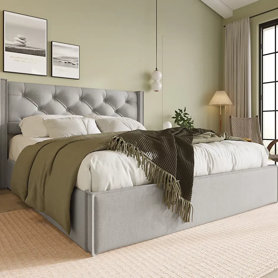 Redom Lit 160x200 cm avec coffre de rangement et tête rembourrée en coton gris clair, cadre bois massif Clearance