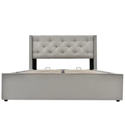 Redom Lit 160x200 cm avec coffre de rangement et tête rembourrée en coton gris clair, cadre bois massif Clearance