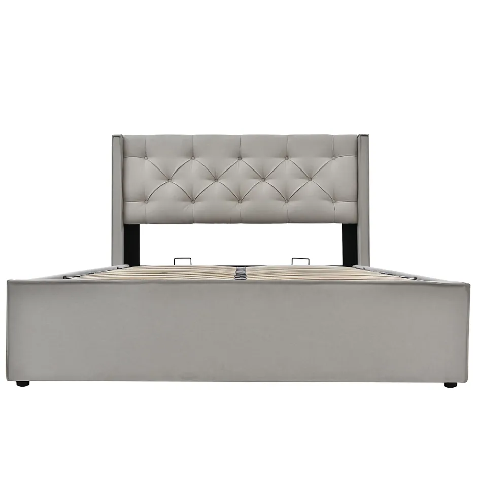 Redom Lit 160x200 cm avec coffre de rangement et tête rembourrée en coton gris clair, cadre bois massif Clearance