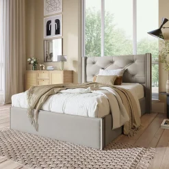 Redom Lit 90x200 cm avec coffre de rangement, tête de lit matelassée en coton gris clair et sommier à lattes