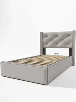 Redom Lit 90x200 cm avec coffre de rangement, tête de lit matelassée en coton gris clair et sommier à lattes