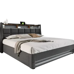 Redom Lit 180x200 cm avec coffre de rangement et sommier relevable, tête de lit tapissée lin gris et LED