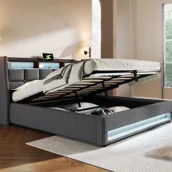 Redom Lit 180x200 cm avec coffre de rangement et sommier relevable, tête de lit tapissée lin gris et LED