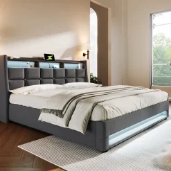 Redom Lit 180x200 cm avec coffre de rangement et sommier relevable, tête de lit tapissée lin gris et LED