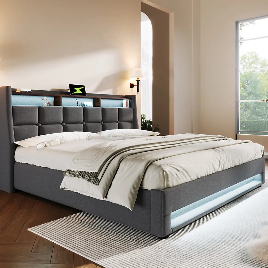 Redom Lit 180x200 cm avec coffre de rangement et sommier relevable, tête de lit tapissée lin gris et LED