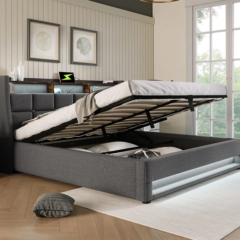 Redom Lit 180x200 cm avec coffre de rangement et sommier relevable, tête de lit tapissée lin gris et LED