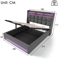 Redom Lit 180x200 cm avec coffre de rangement et sommier relevable, tête de lit tapissée lin gris et LED