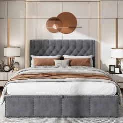 Redom Lit 160x200 cm avec coffre de rangement et tête tapissée en velours gris, clous décoratifs, design minimaliste