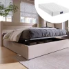 Redom Lit 140x200 cm avec coffre de rangement hydraulique et tête de lit capitonnée en lin beige, design moderne Online