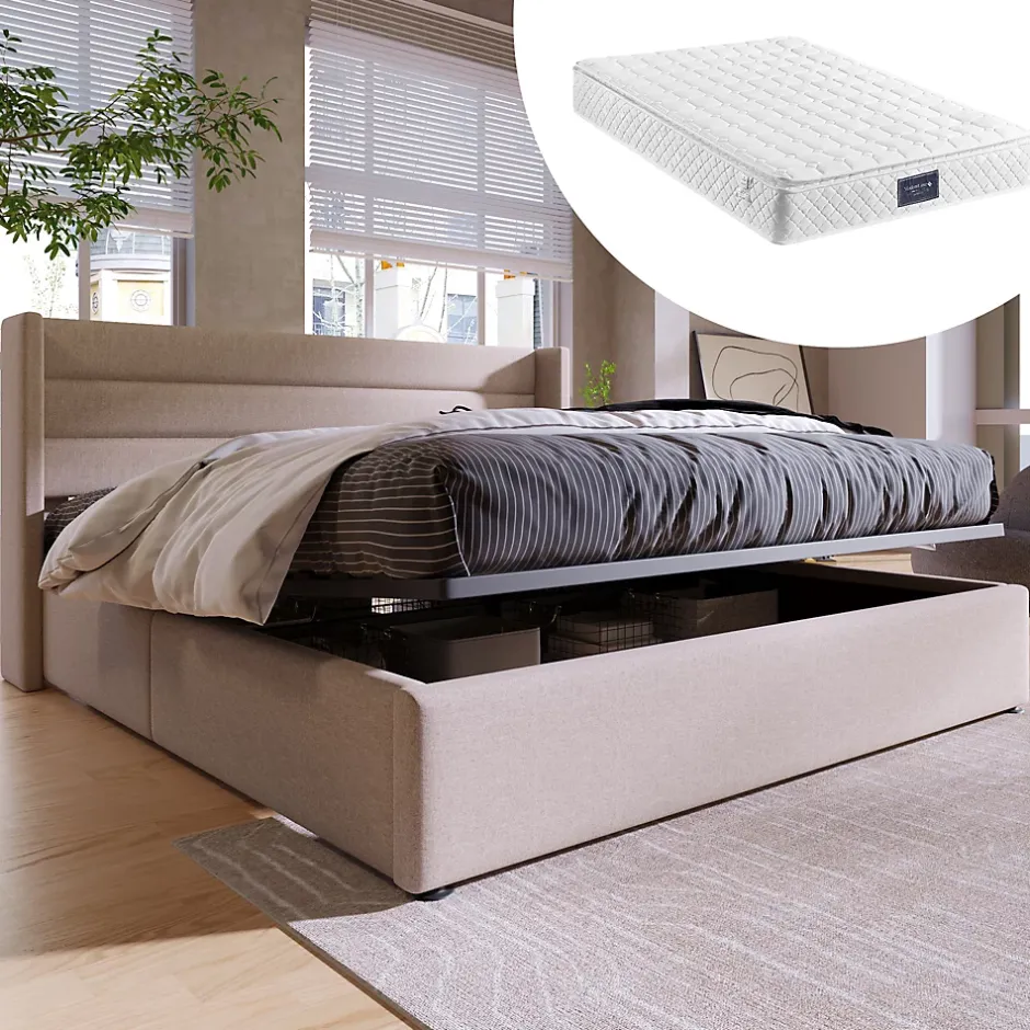 Redom Lit 140x200 cm avec coffre de rangement hydraulique et tête de lit capitonnée en lin beige, design moderne Online