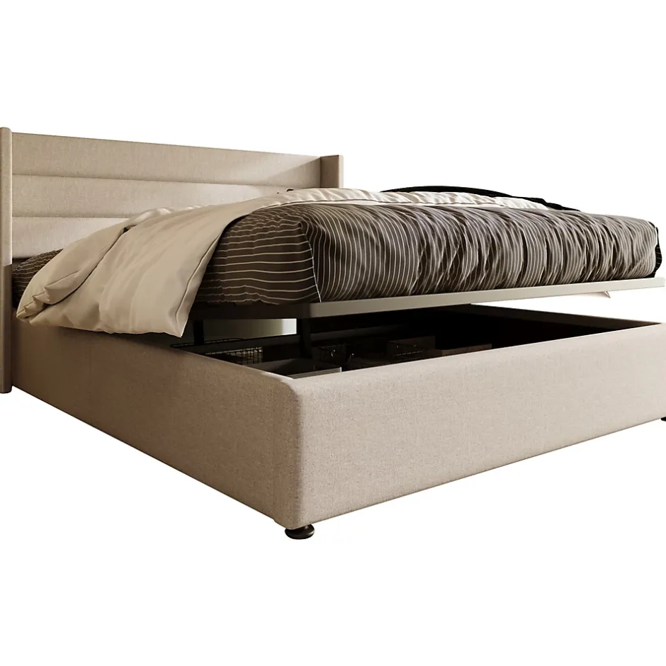 Redom Lit 140x200 cm avec coffre de rangement hydraulique et tête de lit capitonnée en lin beige, design moderne Online