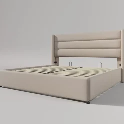 Redom Lit 140x200 cm avec coffre de rangement hydraulique et tête de lit capitonnée en lin beige, design moderne Online