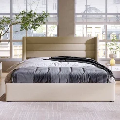 Redom Lit 140x200 cm avec coffre de rangement hydraulique et tête de lit capitonnée en lin beige, design moderne Online