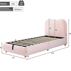 Redom Lit 90x200 cm avec coffre de rangement, tête de lit matelassée 11 cm en velours rose, cadre sécurisé enfant New