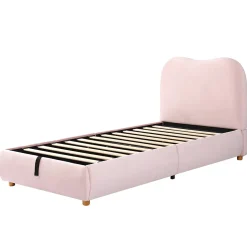 Redom Lit 90x200 cm avec coffre de rangement, tête de lit matelassée 11 cm en velours rose, cadre sécurisé enfant New