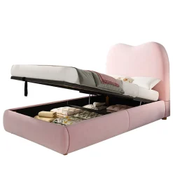 Redom Lit 90x200 cm avec coffre de rangement, tête de lit matelassée 11 cm en velours rose, cadre sécurisé enfant New