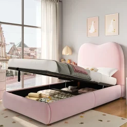 Redom Lit 90x200 cm avec coffre de rangement, tête de lit matelassée 11 cm en velours rose, cadre sécurisé enfant New