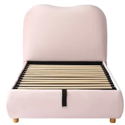 Redom Lit 90x200 cm avec coffre de rangement, tête de lit matelassée 11 cm en velours rose, cadre sécurisé enfant New