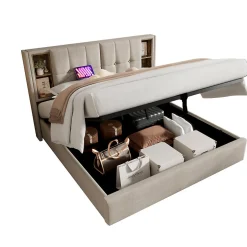 Redom Lit 180x200 cm avec coffre et sommier relevable, tête de lit à niches tapissée lin naturel, style moderne