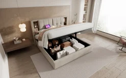 Redom Lit 180x200 cm avec coffre et sommier relevable, tête de lit à niches tapissée lin naturel, style moderne