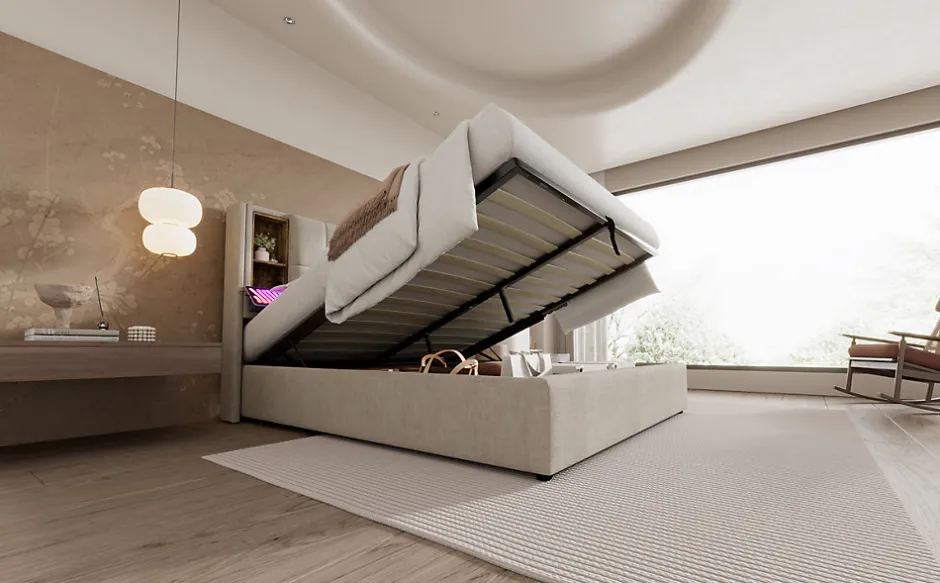 Redom Lit 180x200 cm avec coffre et sommier relevable, tête de lit à niches tapissée lin naturel, style moderne