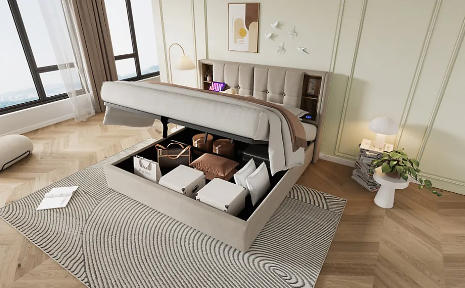 Redom Lit 180x200 cm avec coffre et sommier relevable, tête de lit à niches tapissée lin naturel, style moderne