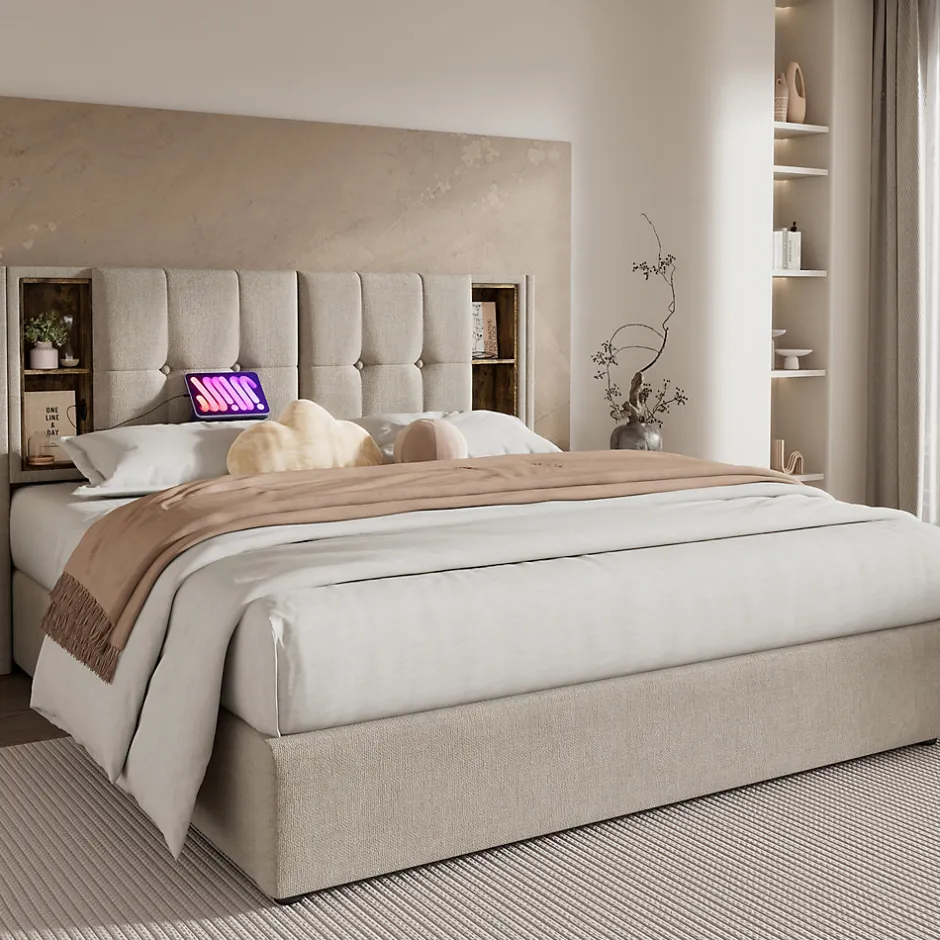 Redom Lit 180x200 cm avec coffre et sommier relevable, tête de lit à niches tapissée lin naturel, style moderne