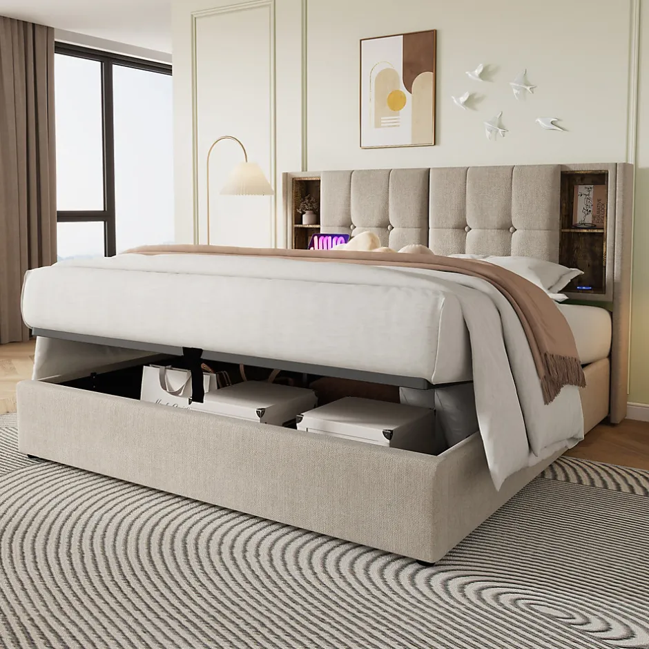 Redom Lit 180x200 cm avec coffre et sommier relevable, tête de lit à niches tapissée lin naturel, style moderne