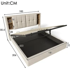 Redom Lit 180x200 cm avec coffre et sommier relevable, tête de lit à niches tapissée lin naturel, style moderne