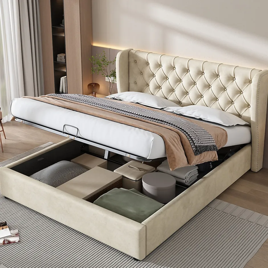 Redom Lit 160x200 cm avec coffre et tête de lit haute capitonnée style Chesterfield en velours beige, cadre solide