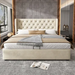Redom Lit 160x200 cm avec coffre et tête de lit haute capitonnée style Chesterfield en velours beige, cadre solide