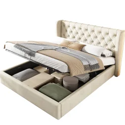 Redom Lit 160x200 cm avec coffre et tête de lit haute capitonnée style Chesterfield en velours beige, cadre solide